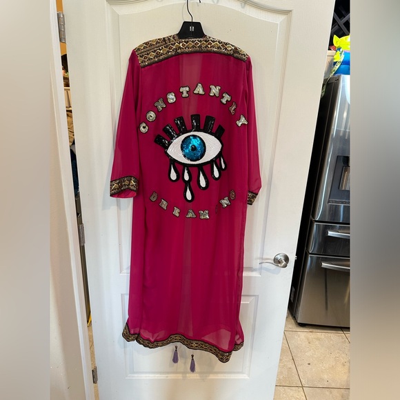 Constantly dreaming sequin pink sheer evil eye open front kimono robe - Picture 1 of 5
